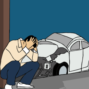 man crouched next to car accident blue background